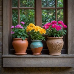 Fototapeta premium Three pots filled with blooming flowers placed on wooden window ledge, showcasing vibrant display of natures beauty. First pot, simple yet elegant terracotta vessel.