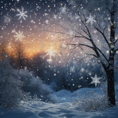 Snowflakes gently falling against backdrop of serene, mystical winter landscape, illuminated by soft glow of lights in distance. Bare tree, its branches encased in ice.