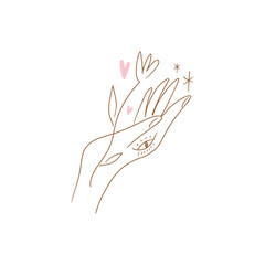 Vintage self care line flower minimalist boho icon or logo holistic healing meditation, harmony and love concept. Stylish stellar botanical mystic hand label. Hand-drawn linear contour tiny