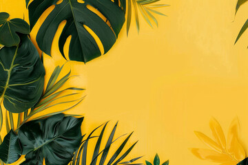 Banner with tropical leaves green yellow