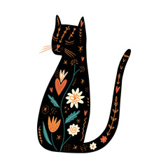 Ornate folk cat patterned boho illustration, spring holiday botanical elements, baby party or other holiday black and cat art