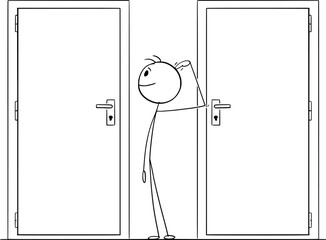 Choose the right door to open and enter, vector cartoon stick figure or character illustration.