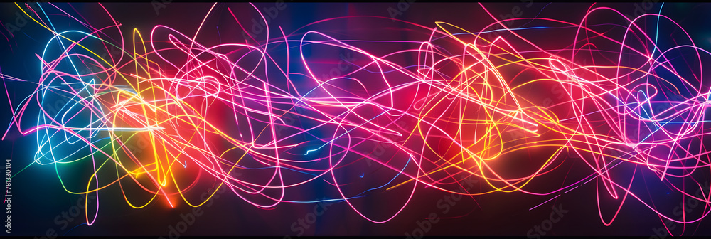 Poster colorful neon streaks of light, created by glow sticks, illuminate the darkness in an abstract and v