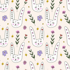Cute woodland bunny rabbits seamless pattern template trendy cute vector ornate cloth wrapping composition with spring holiday childish cartoon wild animals elements, baby hare - 781330401