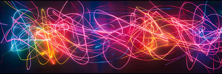 Colorful neon streaks of light, created by glow sticks, illuminate the darkness in an abstract and vibrant display. The lines twist and turn, creating a mesmerizing and dynamic visual experience.