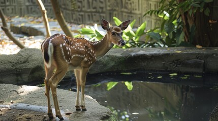 Deer perched on rock by pond - Powered by Adobe