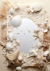 white sheet of paper surrounded by beige shells, design, ornament, patterns, sea, sand, maritime, style, wallpaper, summer, layout, top view, plants, nature, ocean