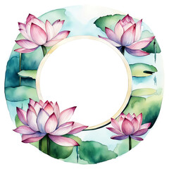 Lotus, a beautiful water flower. a plant in the park. round frame. illustration. artificial intelligence generator, AI, neural network image. background for the design.