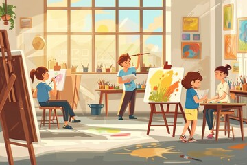 Children painting on canvases, Art class illustration with children painting on canvases, AI generated
