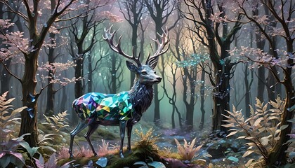 Iridescent crystal stag in an enchanted forest