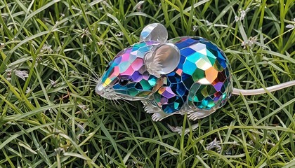 iridescent crystal mouse on grass