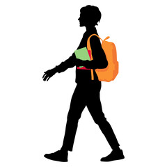 Walking female student with books and a bright backpack in a loose sweater and jeans. Silhouette of young woman on a walk. Vector illustration isolated on white
