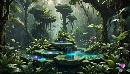 tiered idyllic crystal blue pools in a lush jungle, products display platform, dais, beauty, nature