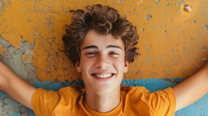 Curly-haired boy on skateboard smiling