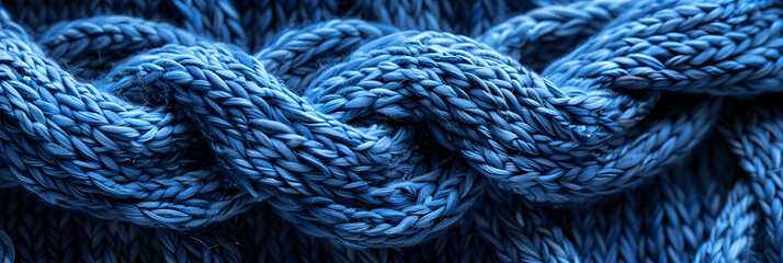 A closeup of a woolen blue sweater with intricate braids, reminiscent of denim and electric blue hues, resembling a rope design - obrazy, fototapety, plakaty