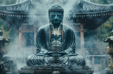 Peaceful Buddha statue surrounded by ethereal incense smoke at a spiritual temple setting