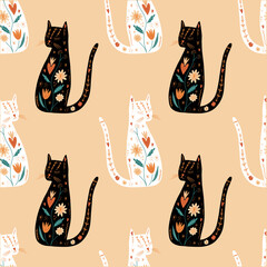 Ornate folk cats boho seamless pattern composition, spring holiday botanical elements, baby party or other holiday black and white cat art