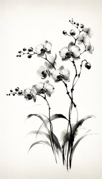 an orchid painted with brush strokes, an ink-and-wash painting