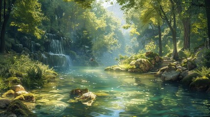Tranquil River Flowing Through Lush Forested Glade with Cascading Waterfall and Birdsong - obrazy, fototapety, plakaty