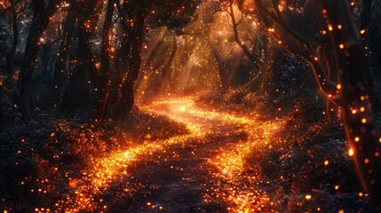 Ember s Embrace A Mesmerizing Pathway Illuminated by Flickering Embers in an Enchanted Forest Landscape