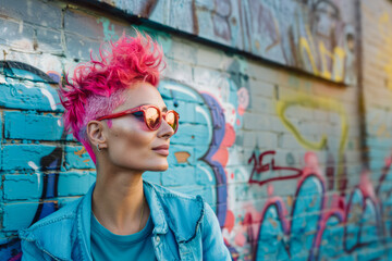 Striking portrait of a person with pink hair and modern style, wearing sunglasses and a teal top...