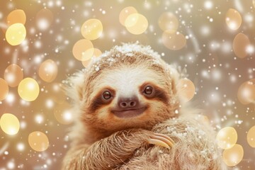 Naklejka premium A joyous baby sloth enveloped in warm golden lights