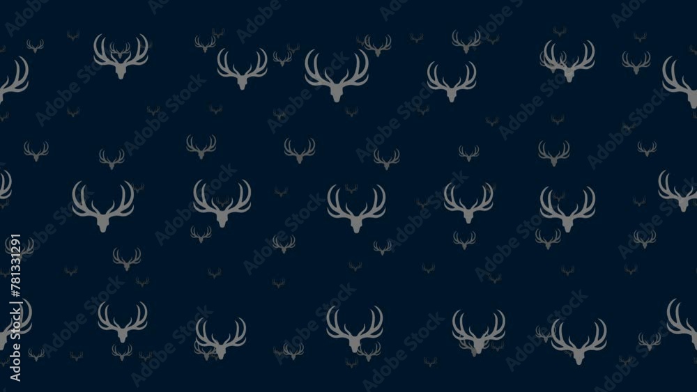 Poster deer horns symbols float horizontally from left to right. parallax fly effect. floating symbols are 