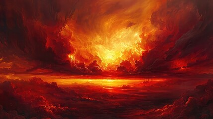 Dramatic Crimson Cloudscape Painting the Sky in Fiery Hues of Sunset over Rugged Landscape - obrazy, fototapety, plakaty