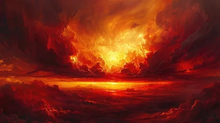 Crédence de cuisine en verre imprimé Brun Dramatic Crimson Cloudscape Painting the Sky in Fiery Hues of Sunset over Rugged Landscape