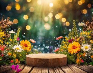 Wooden podium, in the woods, with colorful flowers and plants . Sparkling blurred background. Pedestal for products in enchanting and fairy atmosphere.