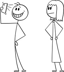 Man taking selfie with phone, angry woman is looking, vector cartoon stick figure or character illustration.
