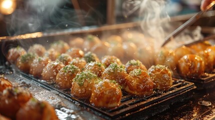 Fototapeta premium Lively Osaka Street Scene with Vendors Expertly Flipping Sizzling Takoyaki Balls Topped with Savory Sauces and Bonito Flakes
