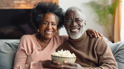Mature couple enjoying cozy moment on couch with popcorn.
