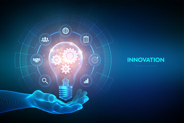 Innovation. Business innovative idea and solution concept. Creative Idea, inspiration. Brainstorming. Creativity. Light bulb with gears cogs inside in hand. Creative Thinking. Vector illustration.