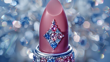 A red lipstick with a gold casing adorned with rubies, amethysts, and diamonds. The lipstick is...