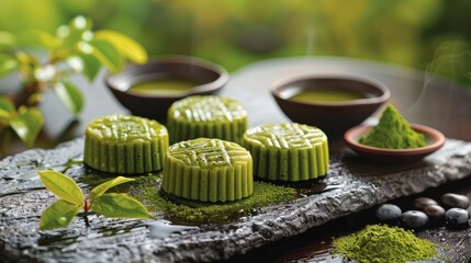 Obraz na płótnie Canvas Serene Uji Tea Gardens with Delicate Matcha Confections Showcasing Vibrant Green Hue and Rich Flavor