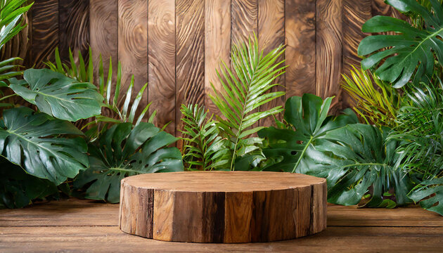 Wooden podium with tropical levaes decoration. Platform for promotion products. Wood panel background: interior design.