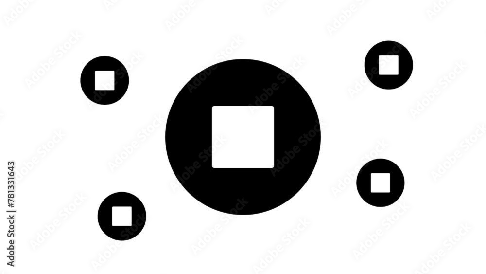 Poster zoom in and out animation the stop media symbol. large black symbol in the center and four small sym