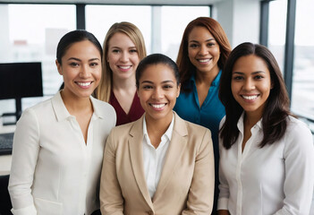 Fototapeta premium Group Photo of DEI Mixed Ethnic Woman in Professional Workplace Environment, Female Workforce Influence Making a Difference in Business and Economy