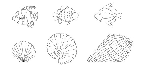 Line art coloring page. Coloring activity for children and adults. Cute fish, seashell, and seastar.  Vector doodle. - obrazy, fototapety, plakaty