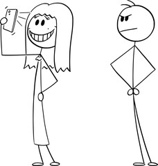 Woman taking selfie with phone, angry man is looking, vector cartoon stick figure or character illustration.