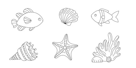 Line art coloring page. Coloring activity for children and adults. Cute fish, seashell, and seastar.  Vector doodle. - 781331680