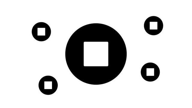 Zoom in and out animation the stop media symbol. Large black symbol in the center and four small symbols around. Seamless looped 4k animation on white background