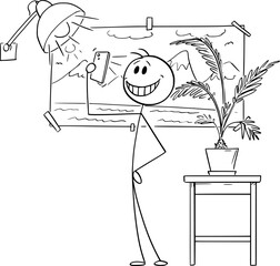 Person taking fake holiday selfie at home, vector cartoon stick figure or character illustration.
