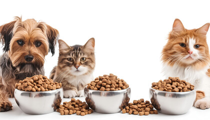 Cute dog and cat with bowls of food on white background. Banner for design - obrazy, fototapety, plakaty