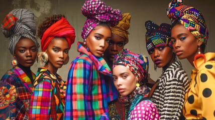 Models showcase eclectic fashion adorned with vibrant attire and bold headwraps, embodying expressive style.
