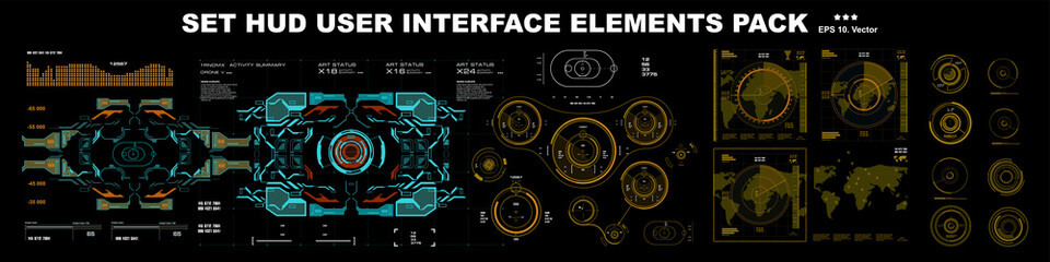 Big set HUD user interface elements. Modern set of fantastic futuristic screen and hud dashboard elements with virtual reality technology - obrazy, fototapety, plakaty