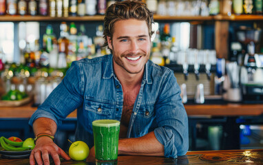 Fototapeta premium A man in denim shirt, smiling, leans on bar with green smoothie. Social setting with bottles suggests relaxed atmosphere.