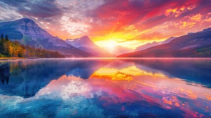 Magic sunrise scene on mountains lake. AI generated - obrazy, fototapety, plakaty