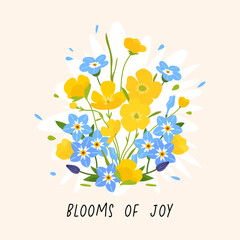 Spring square greeting card with buttercup and myosotis. flowers. Floral garden plant vector template for banner, invitation, social media post, poster, mobile apps, web ads